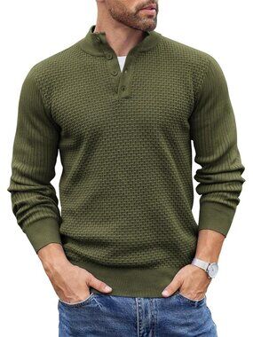 Men's Sweater Long Sleeve Henley Quarter Button Dress Sweater